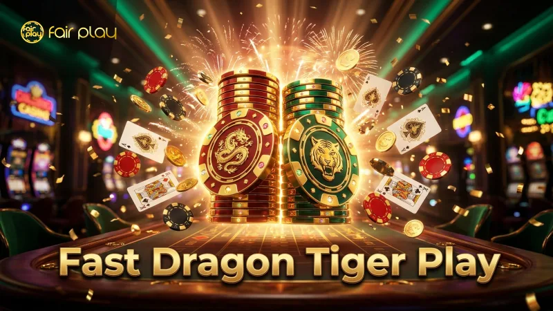 A glowing golden chip stack symbolizes Dragon Tiger's fast gameplay.