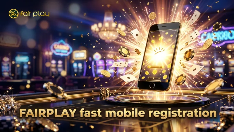 The glowing smartphone highlights fast mobile registration at FAIRPLAY.